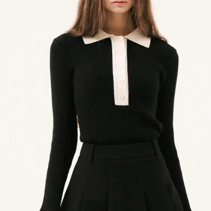 [BUNJANG] EVMOIU Black Colorblock Collar Knit Top / EVMOIU 블랙 배색 카라 니트 프리사이즈