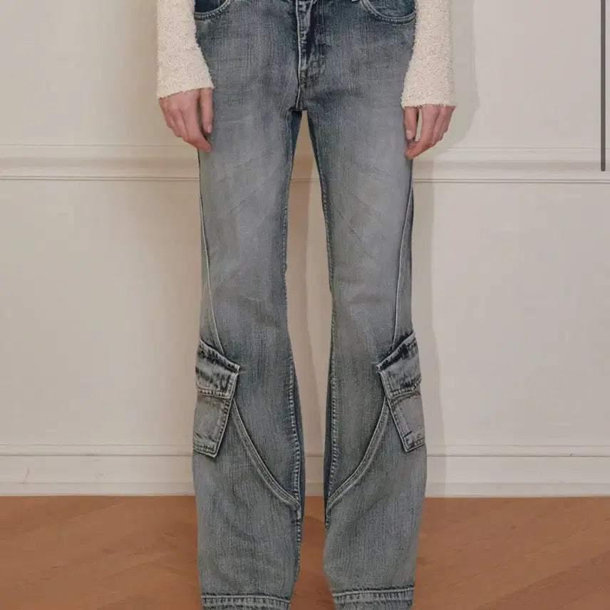 [BUNJANG] Bohemian Seoul Washed Blue Cargo Bootcut Jeans / 보헤미안서울 WASHED BLUE CARGO BOOTCUT, BLUE