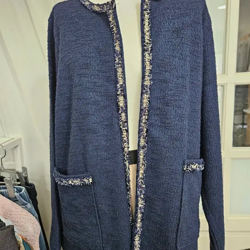 [BUNJANG] Navy Tweed Collarless Jacket / 트위드 노카라 자켓 네이비