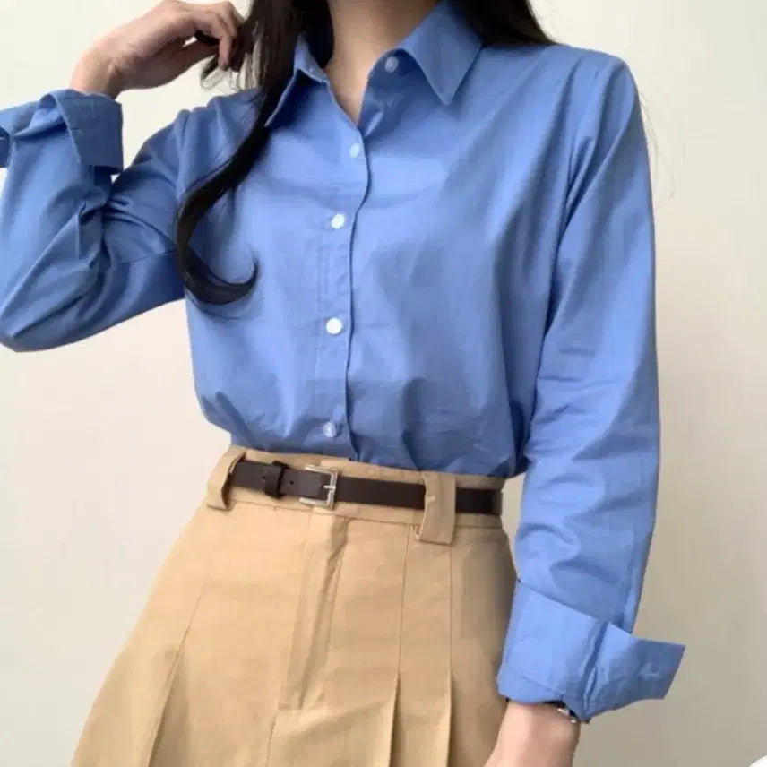 [BUNJANG] French Basic Cotton Simple Shirt Blouse Royal Blue / 프렌치 베이직 코튼 심플 셔츠 남방 블라우스 로얄 블루색