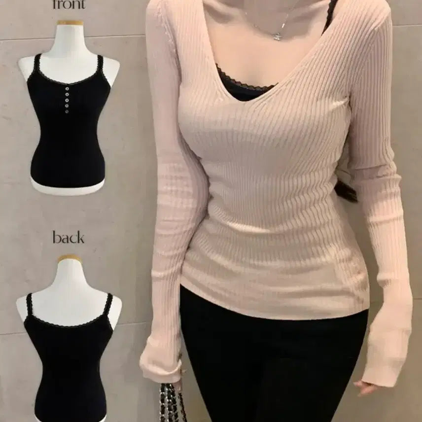 [BUNJANG] Breeze Fleece Lined Lace Button Ribbed Tank Top / 새상품 브리지 속기모 레이스 단추 골지 나시 블랙