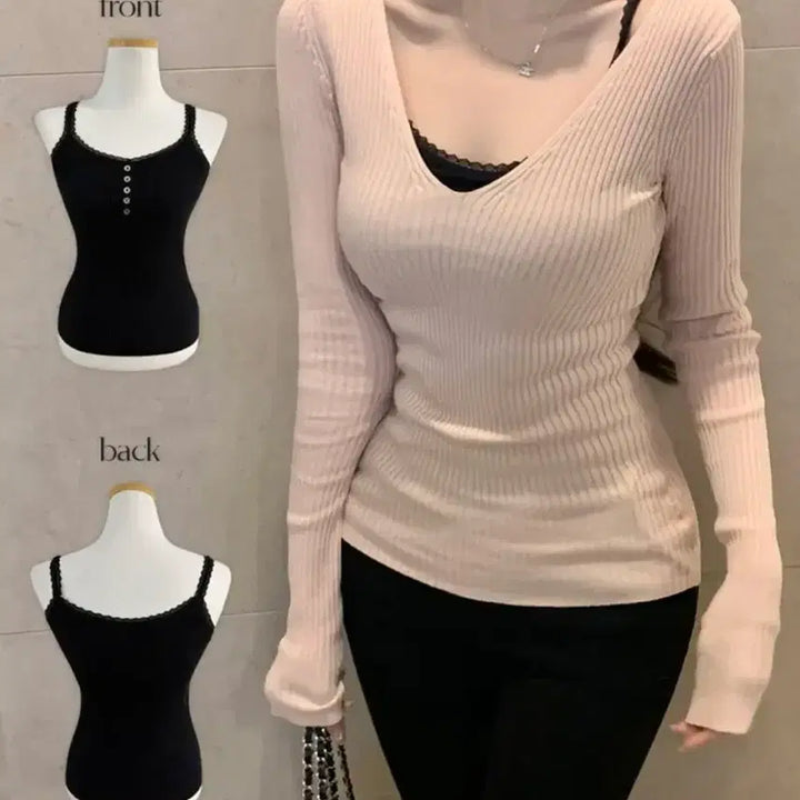 [BUNJANG] Breeze Fleece Lined Lace Button Ribbed Tank Top / 새상품 브리지 속기모 레이스 단추 골지 나시 블랙