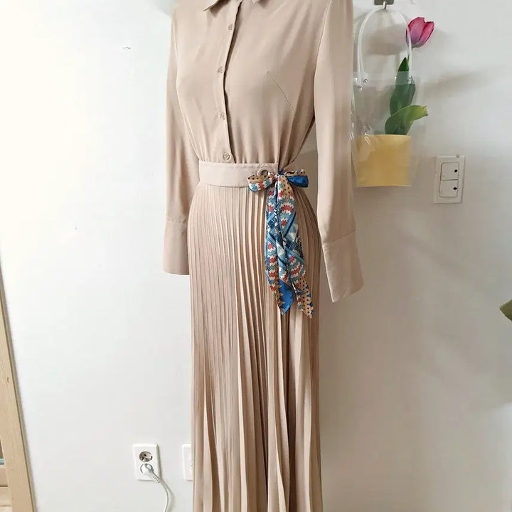 [BUNJANG] Pleated Maxi Long Dress Beige / 셔츠플리츠 맥시 롱원피스 55 66 베이지