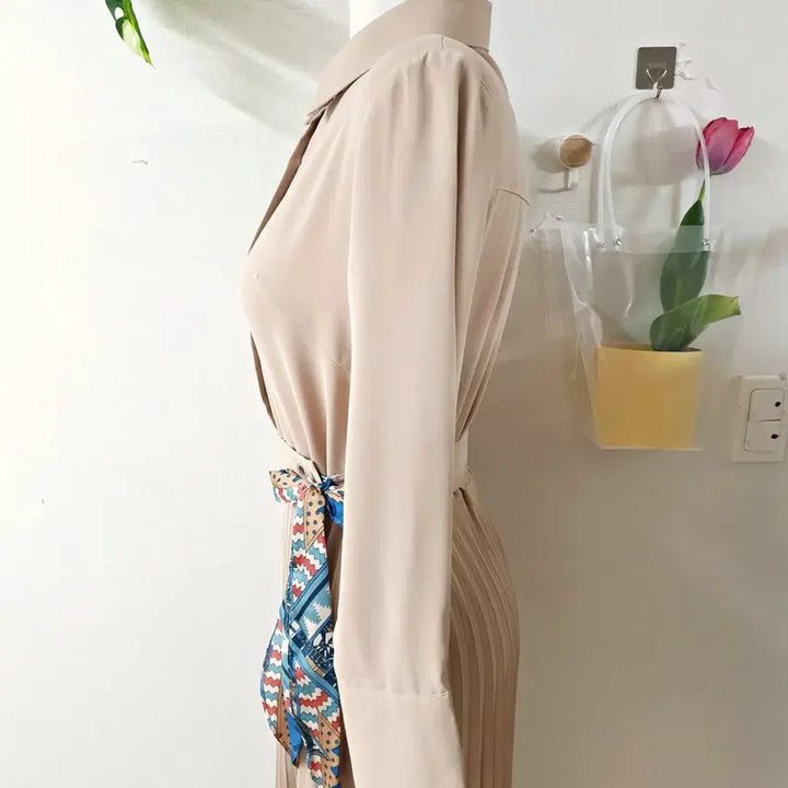 [BUNJANG] Pleated Maxi Long Dress Beige / 셔츠플리츠 맥시 롱원피스 55 66 베이지