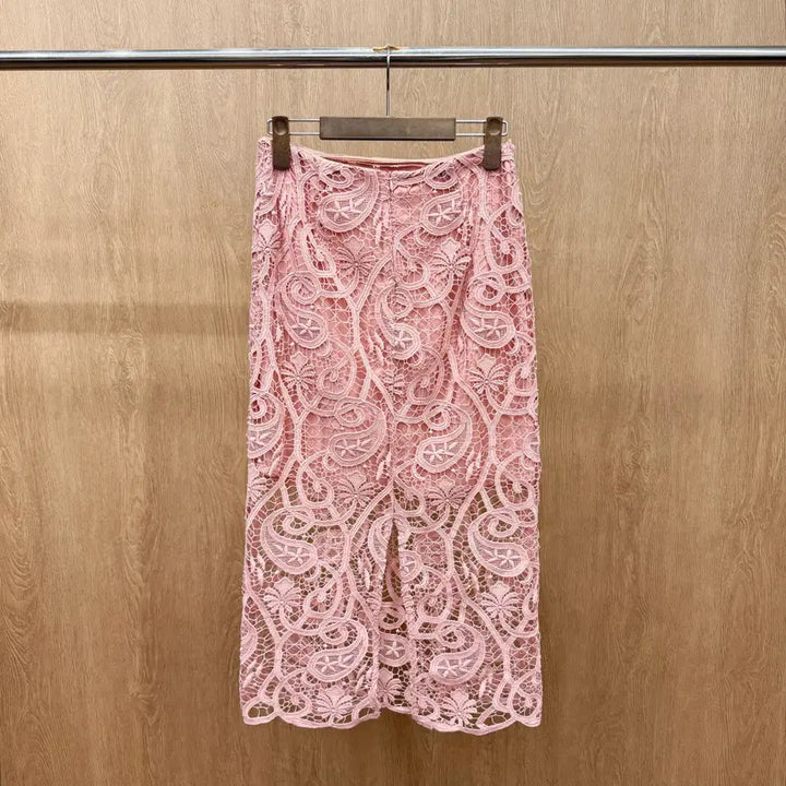 [BUNJANG] Sandro Floral Lace Midi Skirt / 산드로 플로럴 패턴 레이스 미디 스커트 시스루 디테일 슬림핏 핑크