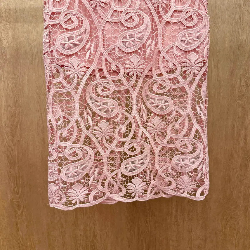 [BUNJANG] Sandro Floral Lace Midi Skirt / 산드로 플로럴 패턴 레이스 미디 스커트 시스루 디테일 슬림핏 핑크