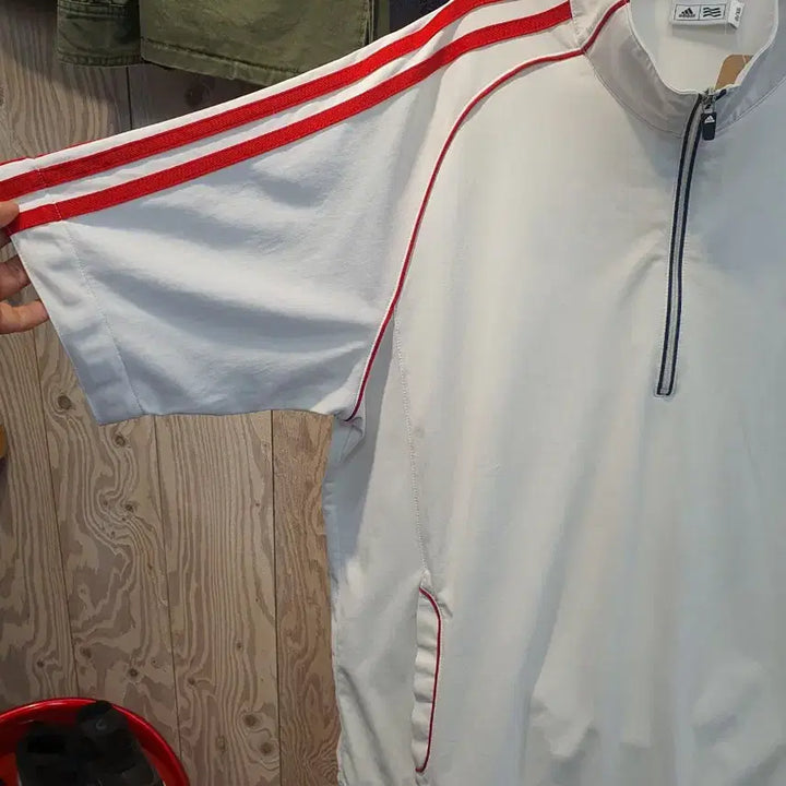 [BUNJANG] Adidas Red Tri-Stripe Half Zip T-shirt / 아디다스 레드 삼선 하프 집업 반팔 (105/O사이즈)