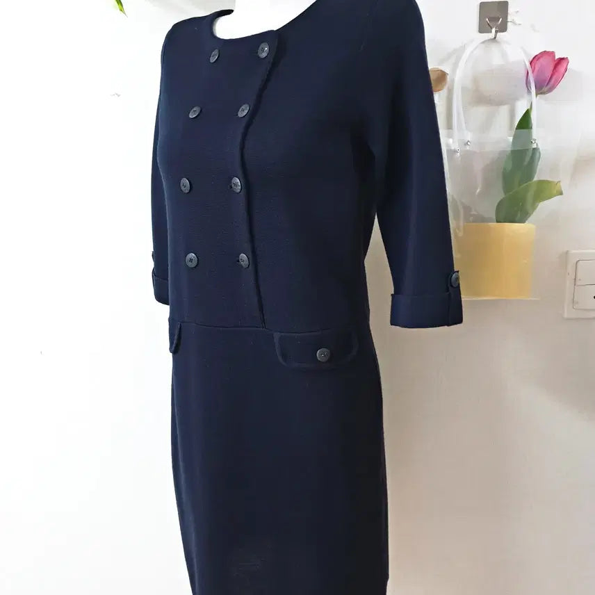 [BUNJANG] BCBG Double-Breasted Knit Dress / BCBG 7부 더블버튼 니트원피스 55 미디 네이비
