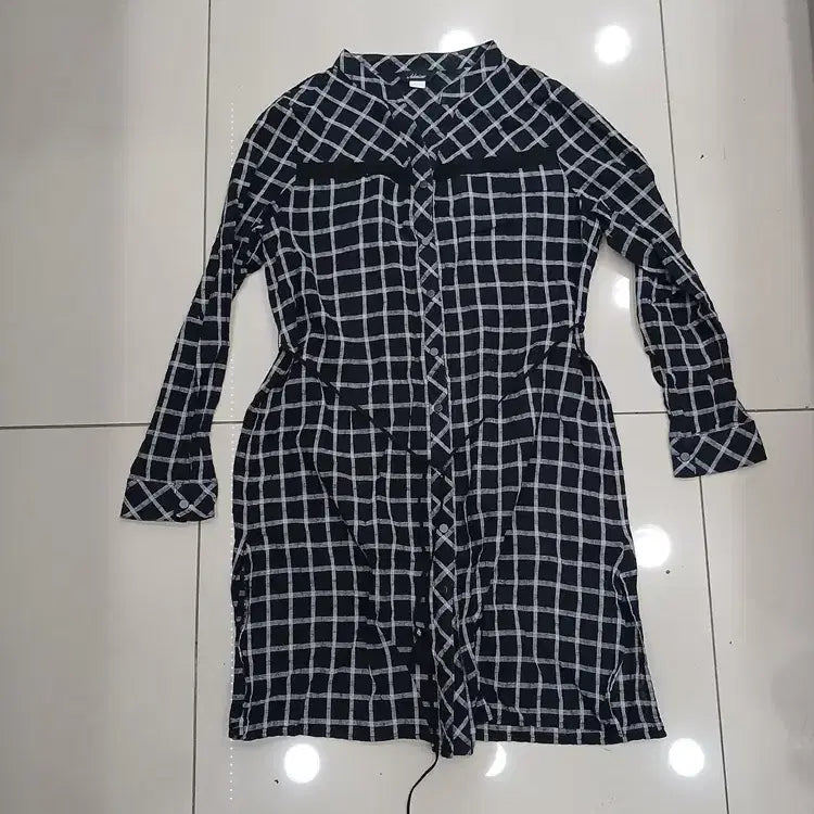 [BUNJANG] Adoniser 77 Checkered Long Blouse / adoniser 77 체크 롱남방 허리끈탈부착 중고 가슴50총88어깨37