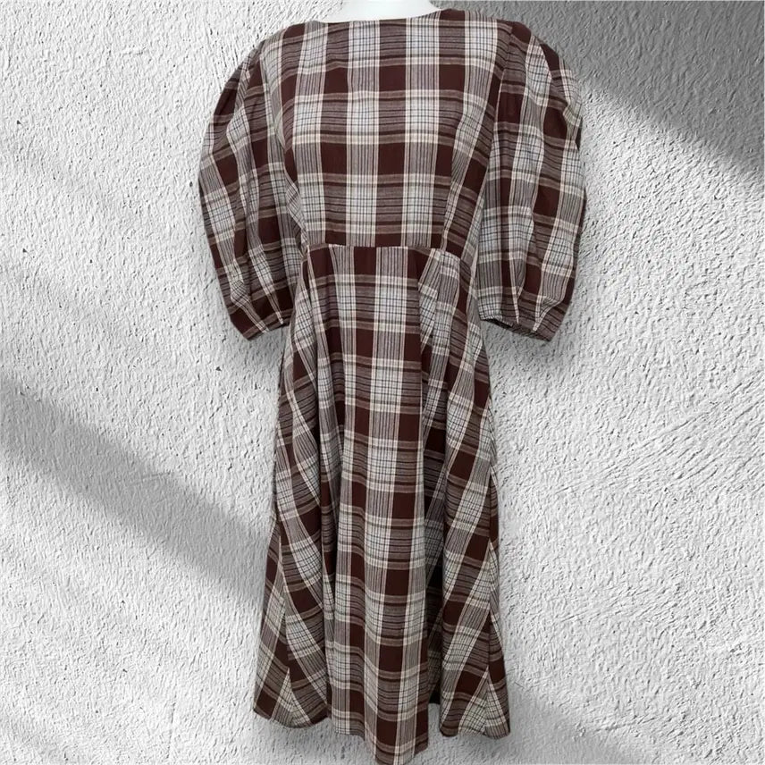 [BUNJANG] Brown Check Puff Sleeve Dress / 브라운 체크 퍼프슬리브 원피스