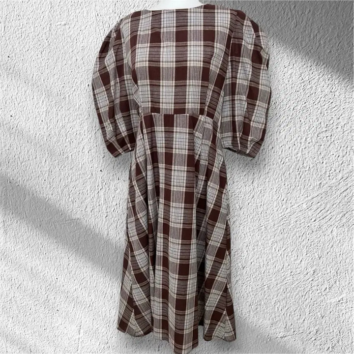 [BUNJANG] Brown Check Puff Sleeve Dress / 브라운 체크 퍼프슬리브 원피스