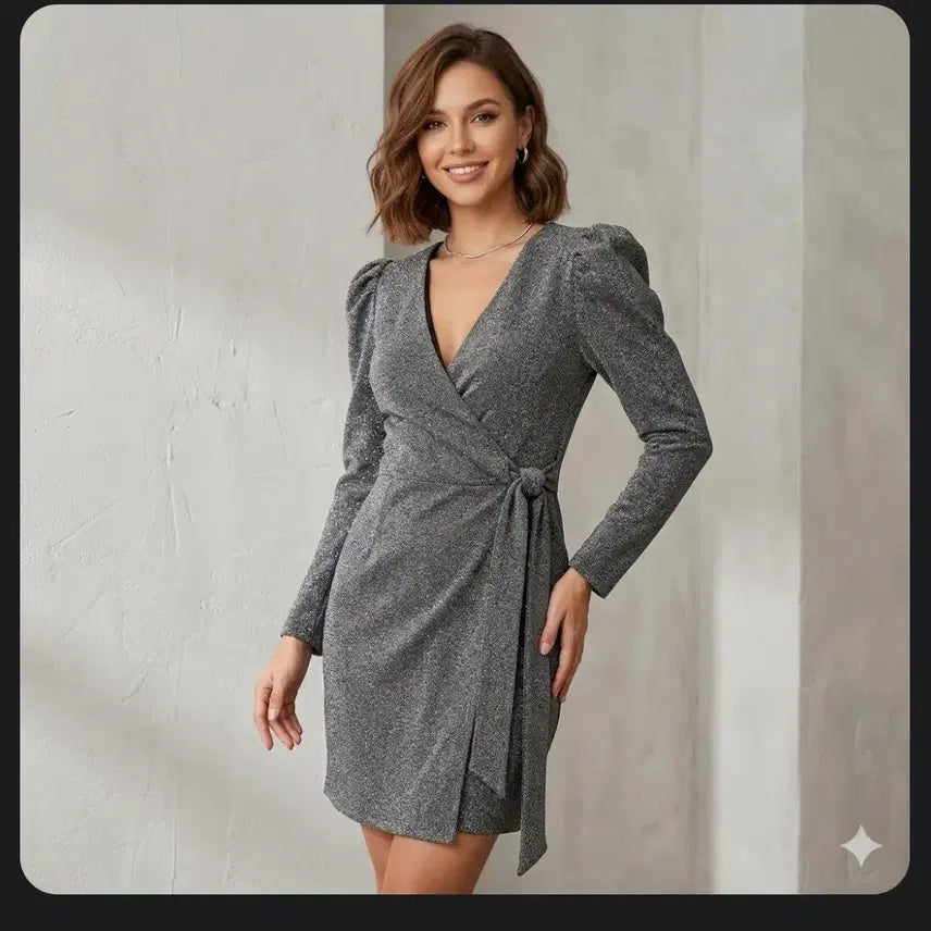 [BUNJANG] Sparkling Silver &amp; Black Wrap Dress / 반짝이는 펄 원단의 섹시한 원피스