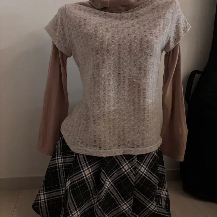 [BUNJANG] Check Skirt Layered Pink Knit Coordi Set / 체크 모리걸 분홍 코디 세트