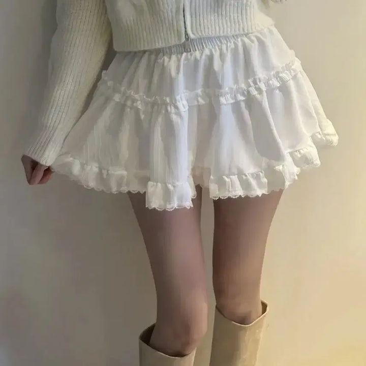 [BUNJANG] Ablie Frill Lace Tiered Skirt White / 에이블리 프릴 레이스 캉캉스커트 화이트