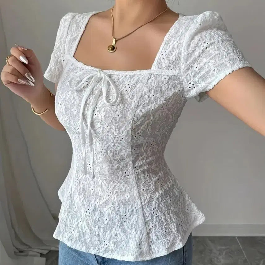 [BUNJANG] White Lace Punching Blouse / 펀칭 레이스 화이트 블라우스