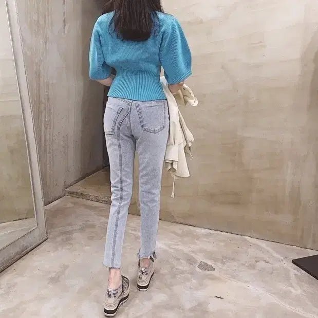 [BUNJANG] Unbalanced Cut Light Blue Denim Jeans / 언발컷 연청 데님