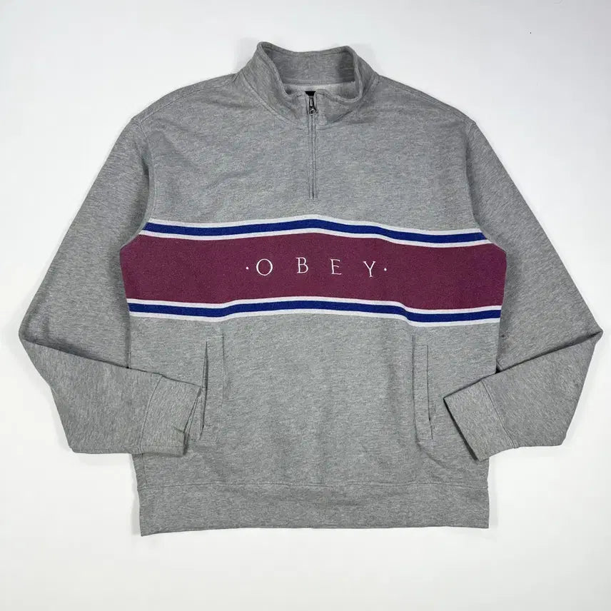 [BUNJANG] Obey Spellout Boxy Fit Half-Zip Sweatshirt Gray / (M) 오베이 스펠아웃 박시핏 반집업 맨투맨 그레이