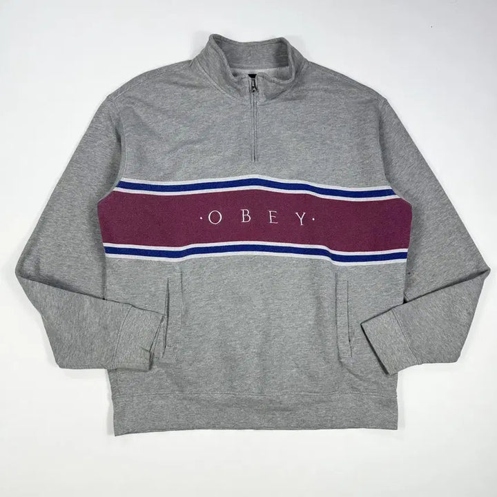 [BUNJANG] Obey Spellout Boxy Fit Half-Zip Sweatshirt Gray / (M) 오베이 스펠아웃 박시핏 반집업 맨투맨 그레이