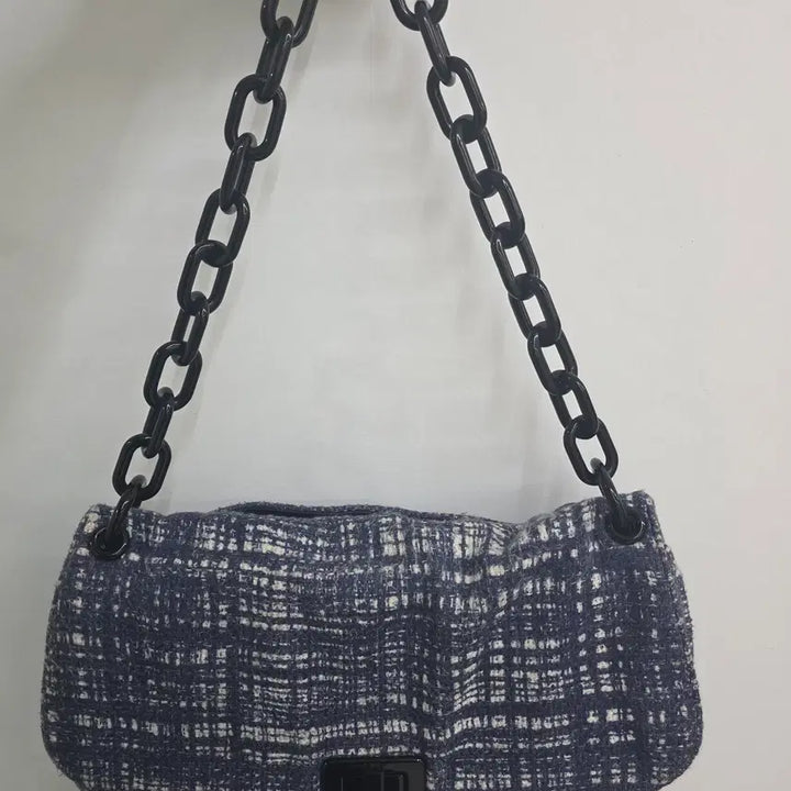 [BUNJANG] Prada Bicolor Tweed Chain Shoulder Bag Navy / 프라다 바이컬러 트위드 체인 숄더백 네이비