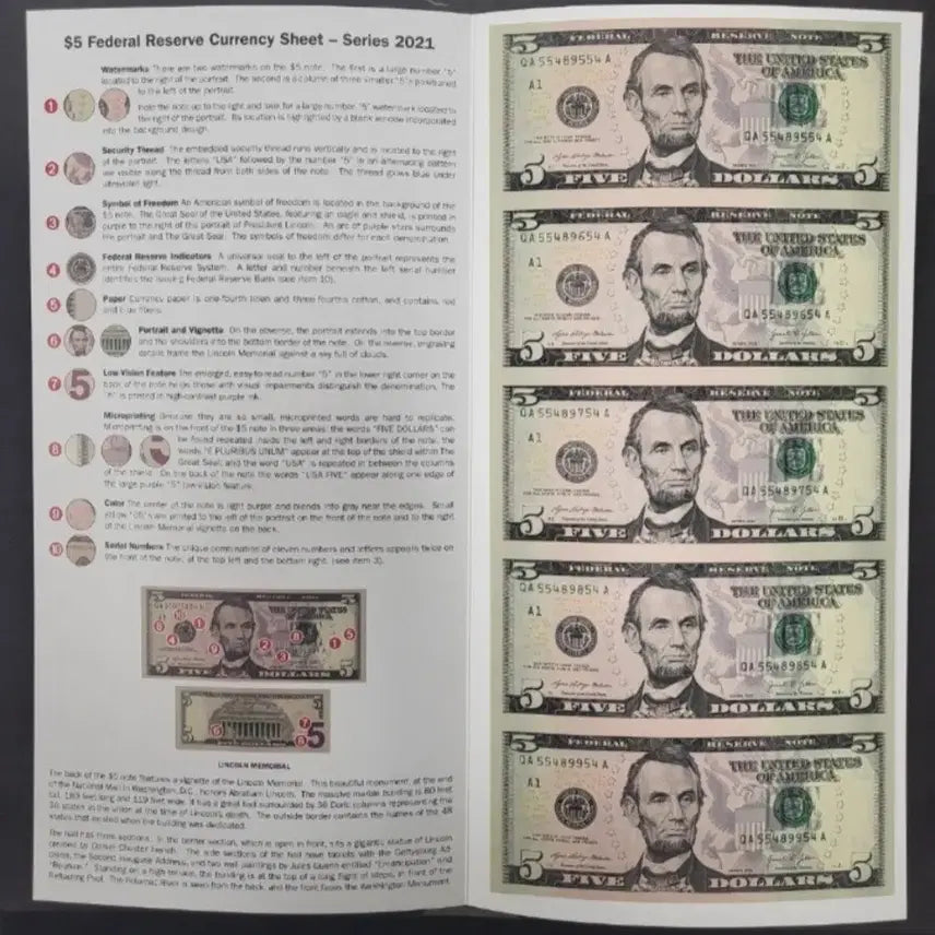 [BUNJANG] US 5 Dollar Uncut Sheet (5 Connected Bills) Unused Sealed / 미국 5달러 언컷시트 (5연결권)미사용 미개봉