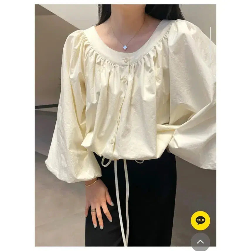 [BUNJANG] Fringe Volume String Blouse - Ivory / 프린지 볼륨 스트링 블라우스 - 아이보리