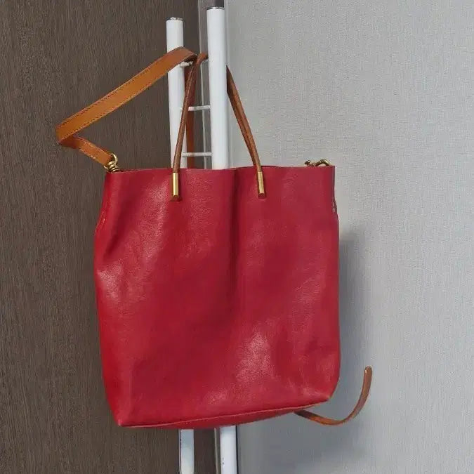 [BUNJANG] Handmade Red Leather Tote Shoulder Bag / 핸드메이드 레드 가죽 토트백 숄더백 수28x24x27