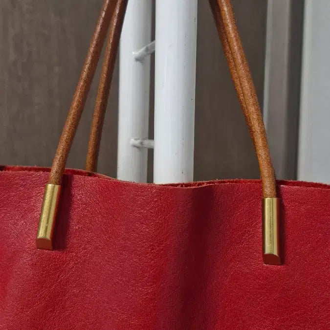 [BUNJANG] Handmade Red Leather Tote Shoulder Bag / 핸드메이드 레드 가죽 토트백 숄더백 수28x24x27