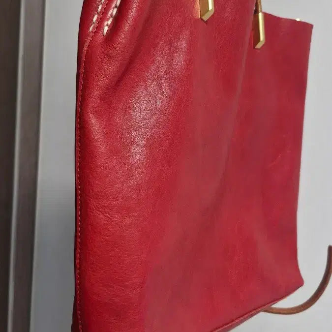 [BUNJANG] Handmade Red Leather Tote Shoulder Bag / 핸드메이드 레드 가죽 토트백 숄더백 수28x24x27