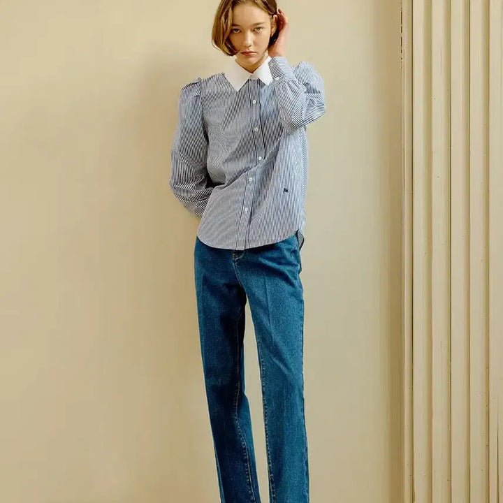 [BUNJANG] Lookast Blue Claire Stripe Blouse / 룩캐스트 블루 클레어 스트라이프 블라우스