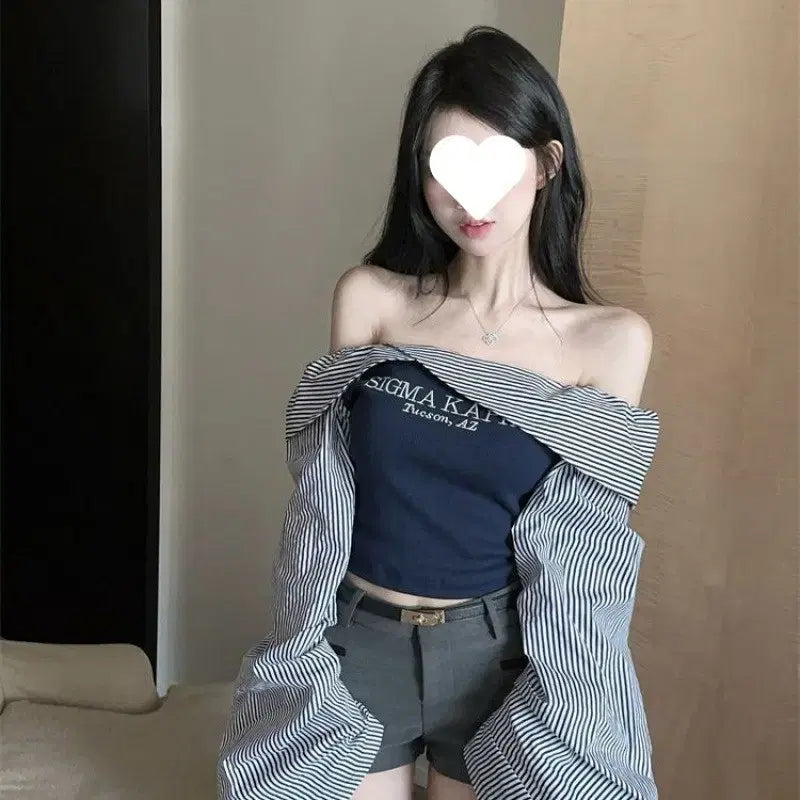 [BUNJANG] Striped Off-Shoulder Blouse / 스트라이프 오프숄더 블라우스