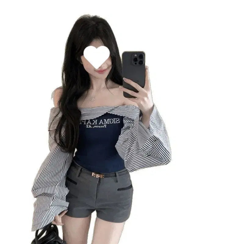 [BUNJANG] Striped Off-Shoulder Blouse / 스트라이프 오프숄더 블라우스