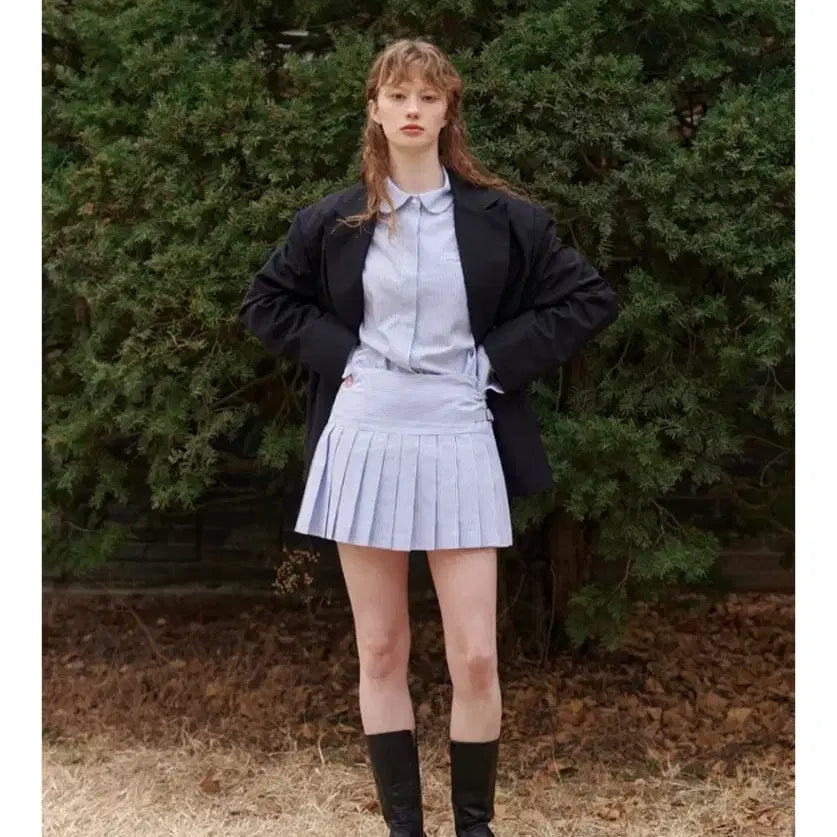 [BUNJANG] ISSUE NUMBER Blouse and Skirt Set / 이슈넘버 스트라이프 블라우스 셔츠 + 플리츠 스커트 셋업 새상품