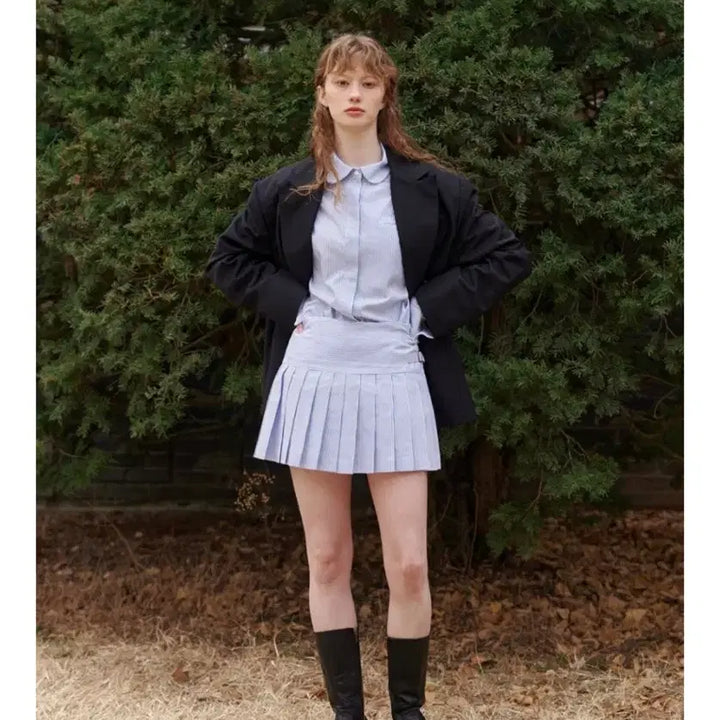 [BUNJANG] ISSUE NUMBER Blouse and Skirt Set / 이슈넘버 스트라이프 블라우스 셔츠 + 플리츠 스커트 셋업 새상품
