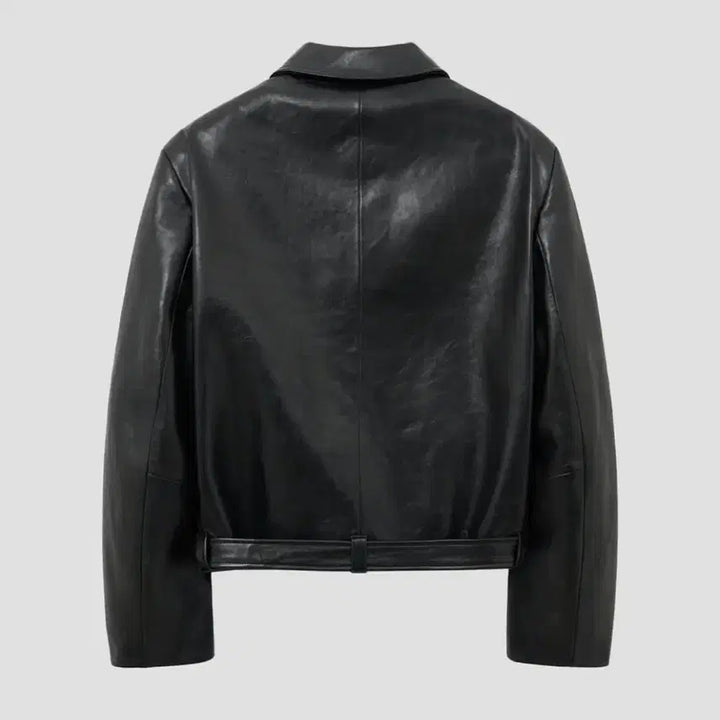 [BUNJANG] Noirer Lambskin Leather Belted Crop Jacket / 노이어 양가죽(100%) 램스 레더 벨티드 크롭 자켓