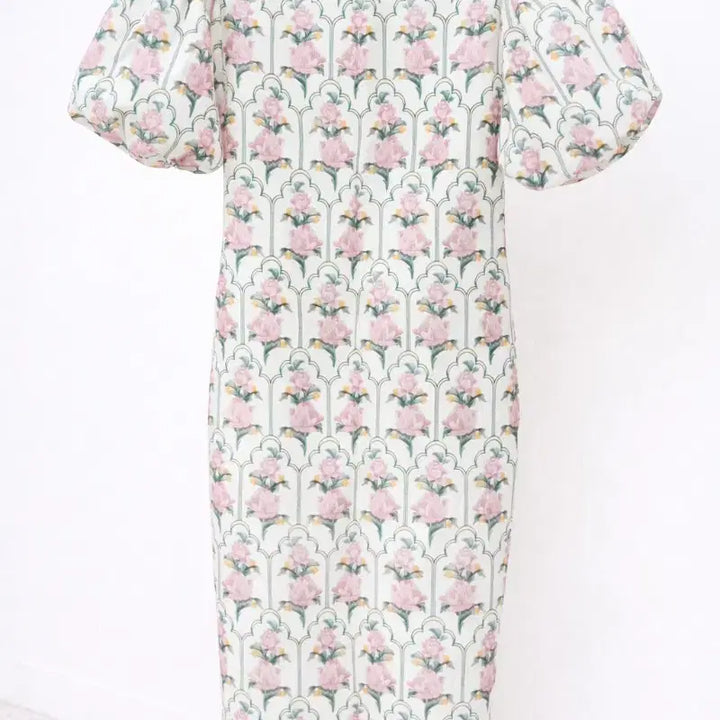 [BUNJANG] Flower Pattern Pink Puff Long Dress / (미착용 새상품)플라워 패턴 핑크 퍼프 롱 원피스