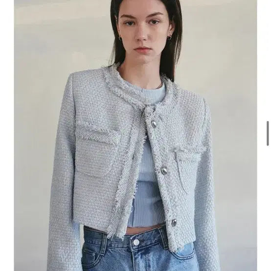 [BUNJANG] NICK&amp;NICOLE Tweed Crop Jacket Sky Blue / 닉앤니콜 트위드 크롭 자켓 스카이블루