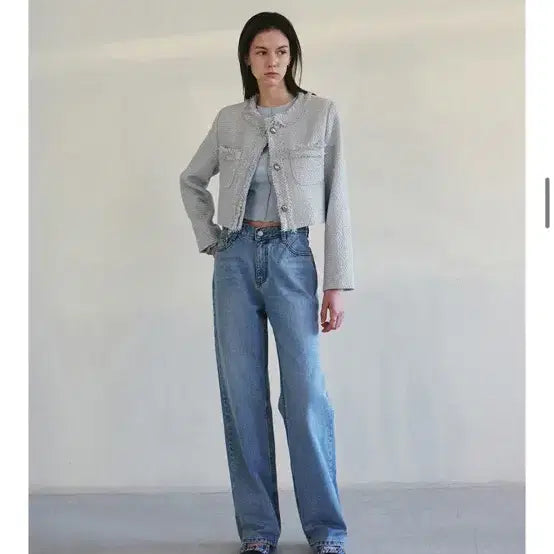 [BUNJANG] NICK&amp;NICOLE Tweed Crop Jacket Sky Blue / 닉앤니콜 트위드 크롭 자켓 스카이블루