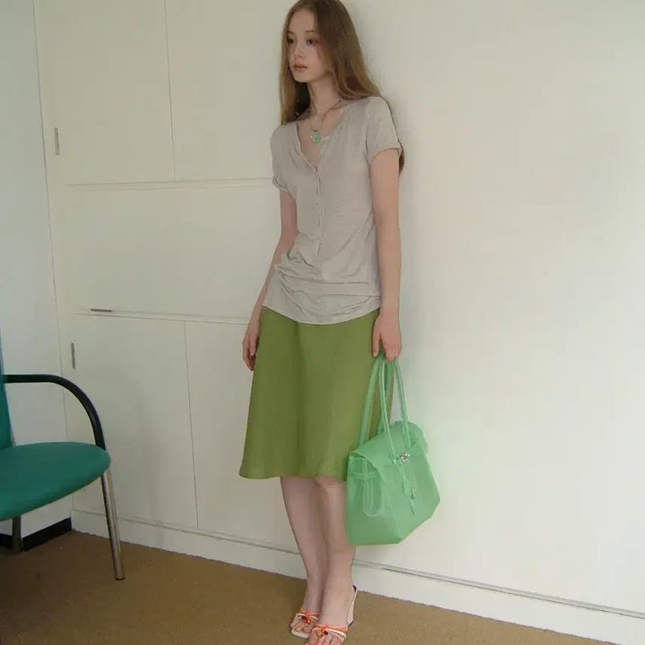 [BUNJANG] DOKNOWZERO Linen Midi Skirt / DOKNOWZERO 여름 리넨 밴딩 미디 스커트 그린