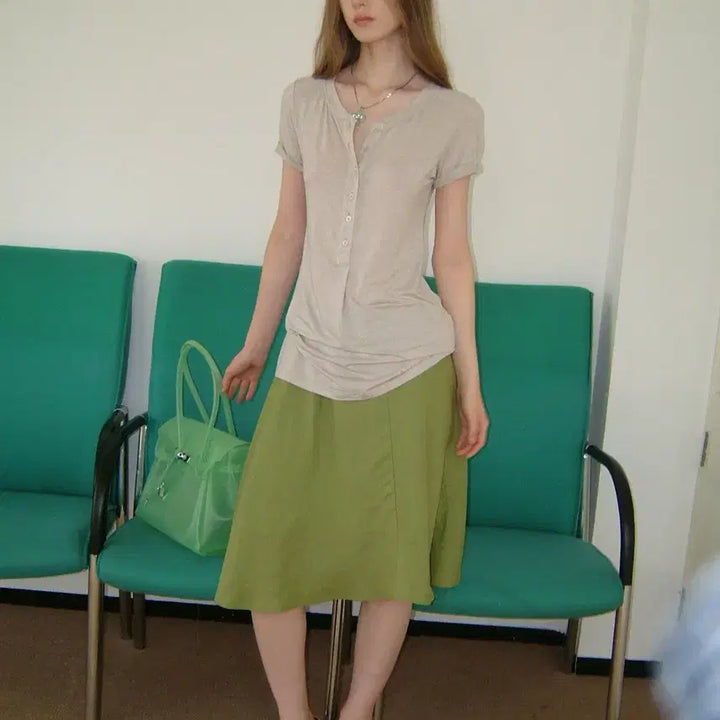 [BUNJANG] DOKNOWZERO Linen Midi Skirt / DOKNOWZERO 여름 리넨 밴딩 미디 스커트 그린