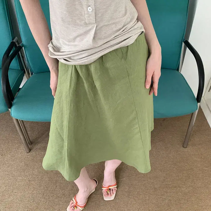 [BUNJANG] DOKNOWZERO Linen Midi Skirt / DOKNOWZERO 여름 리넨 밴딩 미디 스커트 그린