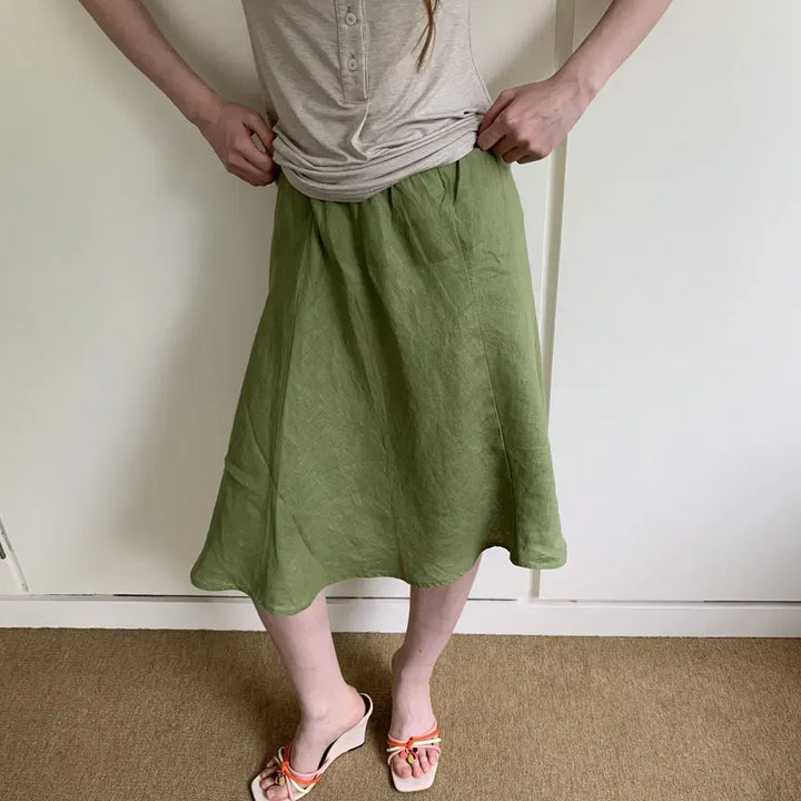 [BUNJANG] DOKNOWZERO Linen Midi Skirt / DOKNOWZERO 여름 리넨 밴딩 미디 스커트 그린