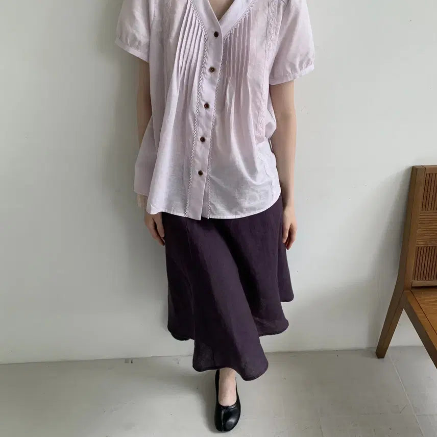 [BUNJANG] DOKNOWZERO V-Neck Pleated Embroidery Patchwork Short Sleeve Shirt / DOKNOWZERO V넥 플리츠 자수 패치워크 반팔 셔츠