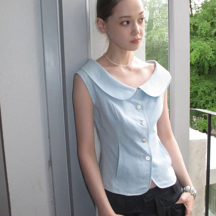 [BUNJANG] DOKNOWZERO Blue Slim Suit Blouse / DOKNOWZERO 블라우스 블루 둥근칼라 슬림 수트 반팔 셔츠