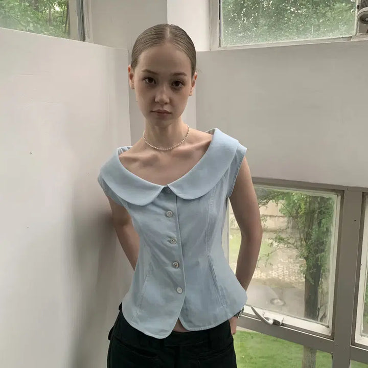 [BUNJANG] DOKNOWZERO Blue Slim Suit Blouse / DOKNOWZERO 블라우스 블루 둥근칼라 슬림 수트 반팔 셔츠