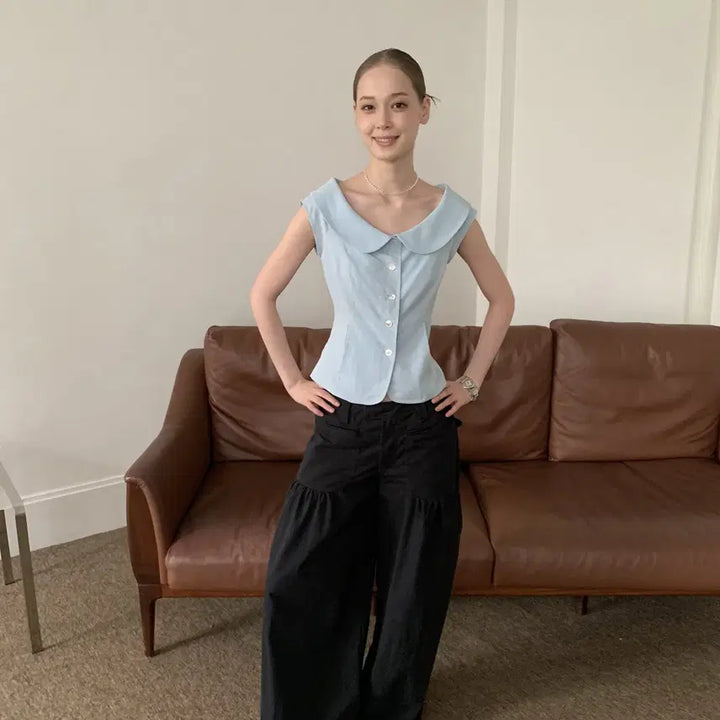 [BUNJANG] DOKNOWZERO Blue Slim Suit Blouse / DOKNOWZERO 블라우스 블루 둥근칼라 슬림 수트 반팔 셔츠