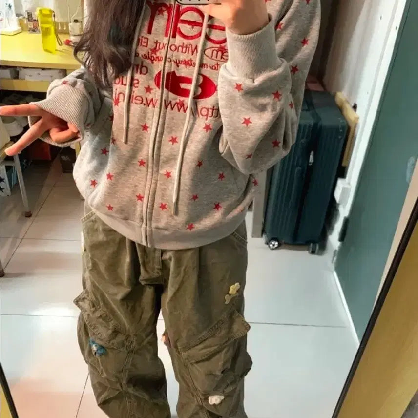 [BUNJANG] Star Pattern Lettering Daily Point Hooded Zip-up / [M-XL]별패턴 레터링 데일리 포인트 후드 집업