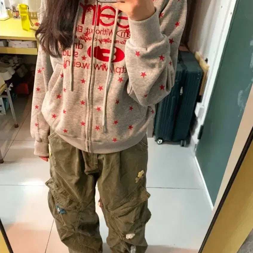 [BUNJANG] Star Pattern Lettering Daily Point Hooded Zip-up / [M-XL]별패턴 레터링 데일리 포인트 후드 집업
