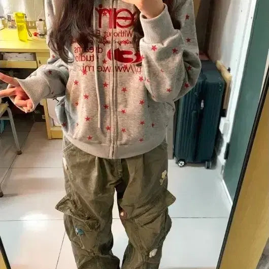 [BUNJANG] Star Pattern Lettering Daily Point Hooded Zip-up / [M-XL]별패턴 레터링 데일리 포인트 후드 집업