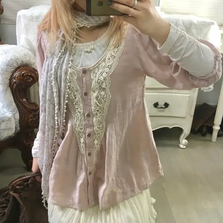 [BUNJANG] Vintage Mori Lace Blouse / 일본빈티지 핑크 모리 레이스 블라우스