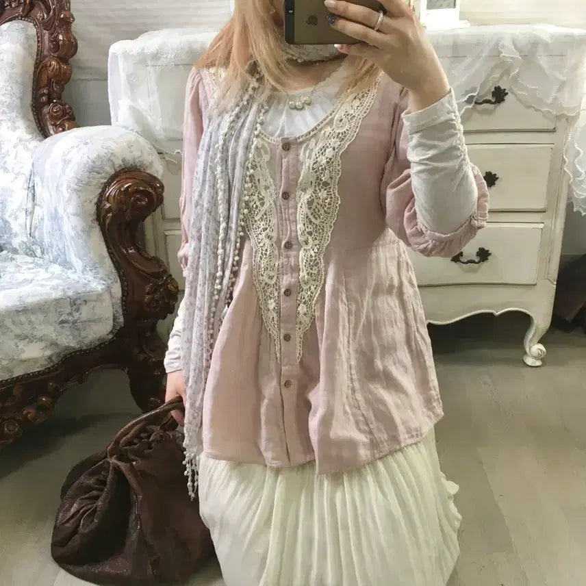 [BUNJANG] Vintage Mori Lace Blouse / 일본빈티지 핑크 모리 레이스 블라우스